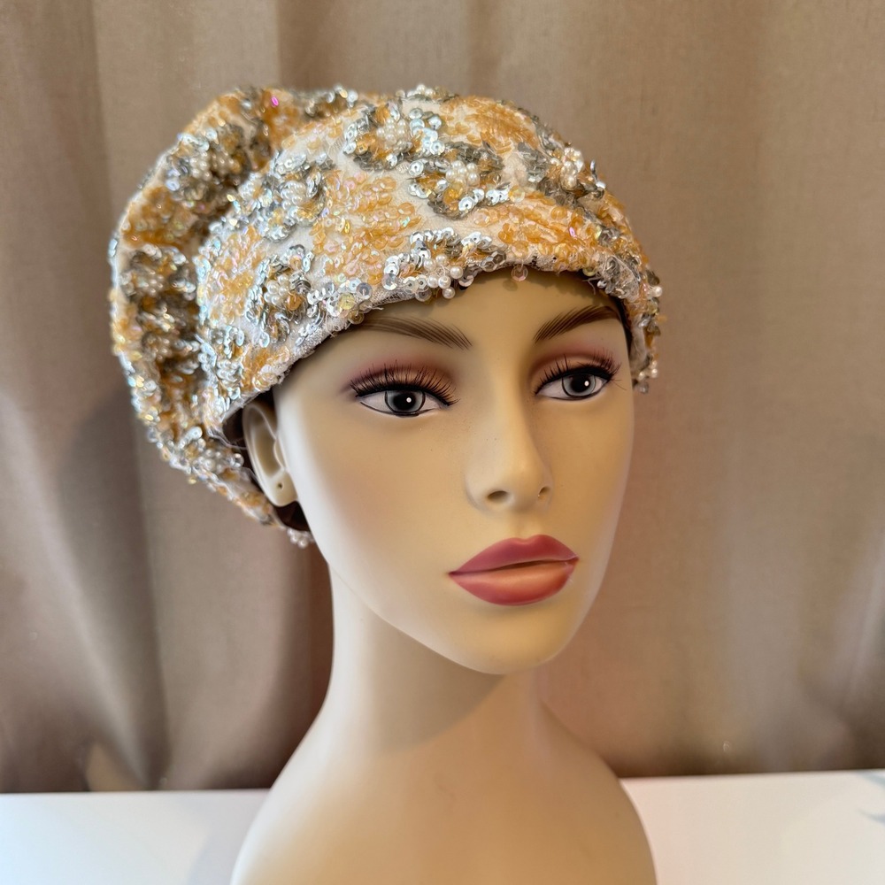 Vintage Gold Silver Sequin Pearl Floral Pillbox Hat Evening Glamour